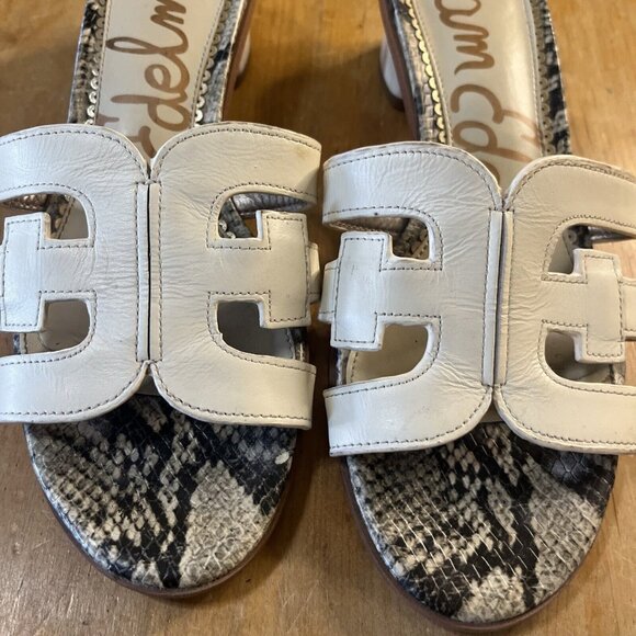 Sam Edelman Cream/ Snakeskin Accent Leather Illie Heeled 2" Sandal Size 7 - Picture 3 of 13